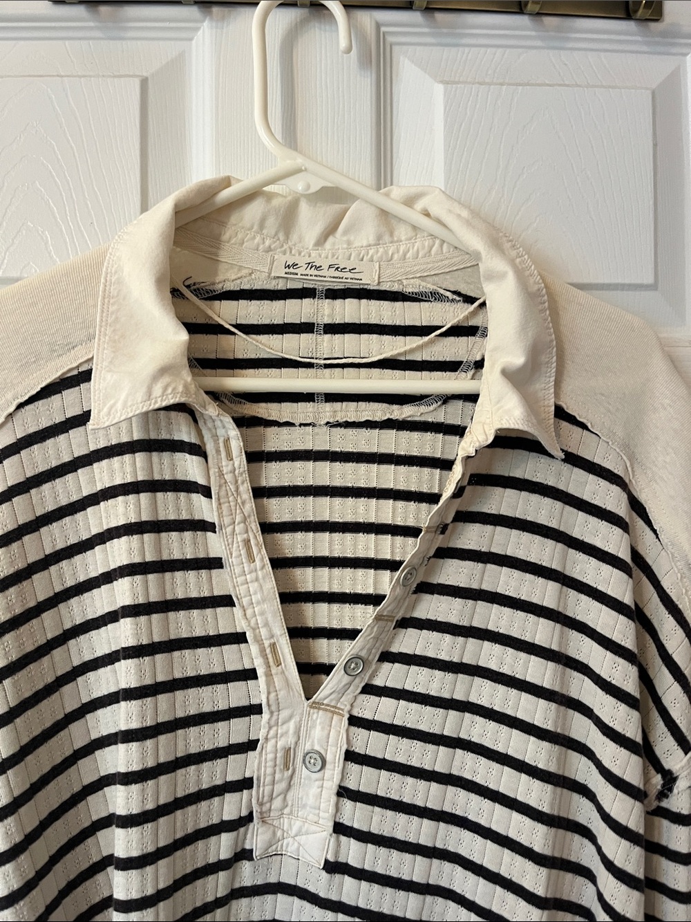We The Free Cream and Black Striped V‑Neck Sweater